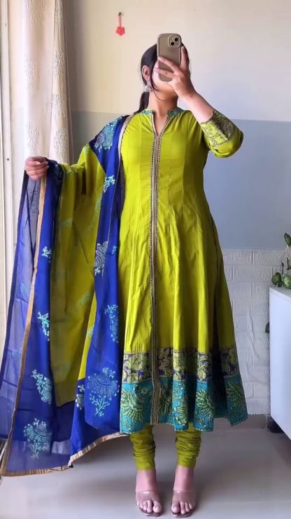 Cotton Angrakha Kurta Set with Floral Block Print, Assorted Colours