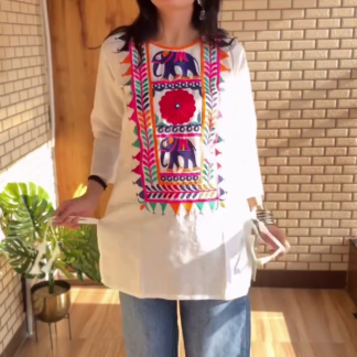White Tunic Top with Multicolour Hand Embroidery