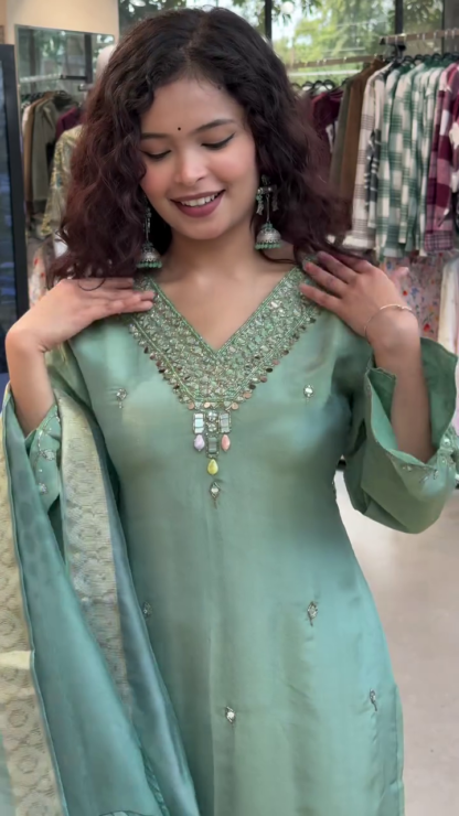 Green Cotton Kurta Set with Printed Palazzo and Floral Dupatta