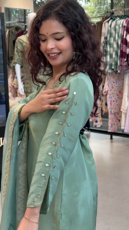 Green Cotton Kurta Set with Printed Palazzo and Floral Dupatta