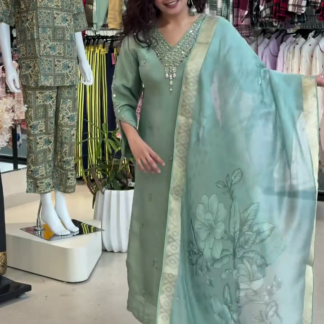 Green Cotton Kurta Set with Printed Palazzo and Floral Dupatta
