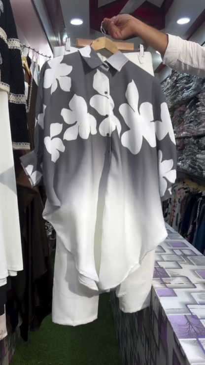 Ombre Floral Button-Down Tunic with Trousers, Assorted Colours
