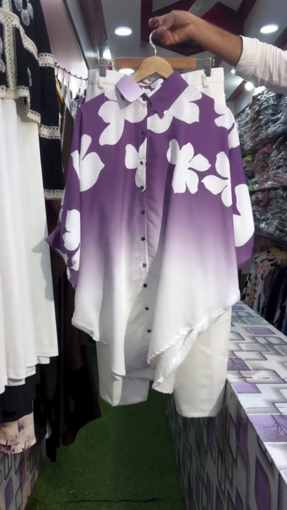 Ombre Floral Button-Down Tunic with Trousers, Assorted Colours