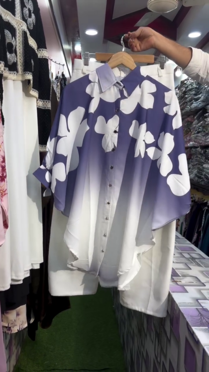 Ombre Floral Button-Down Tunic with Trousers, Assorted Colours