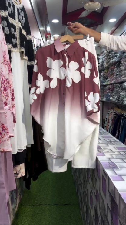 Ombre Floral Button-Down Tunic with Trousers, Assorted Colours