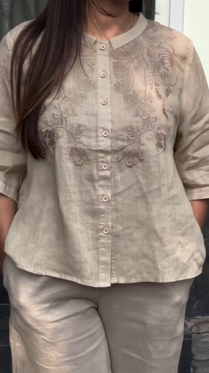 Hand-Embroidered Linen Kurta, Beige or Pink