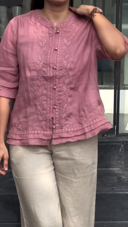 Hand-Embroidered Linen Kurta, Beige or Pink