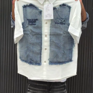 White Button-Down Shirt with Denim Patchwork Panels