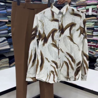 White Abstract Print Shirt with Brown Trousers, Men's Set