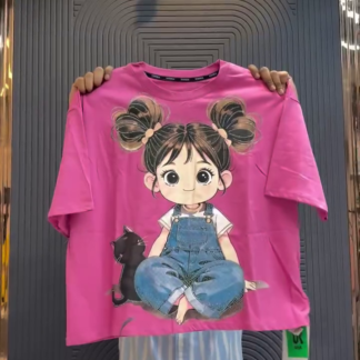 Pink Oversized Cotton Tee with Cartoon Girl and Cat