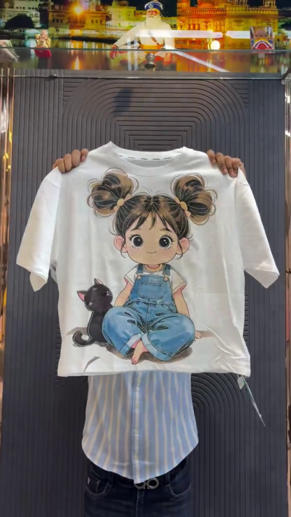 Oversized Cotton Tee with Cartoon Girl and Cat, Assorted Colours