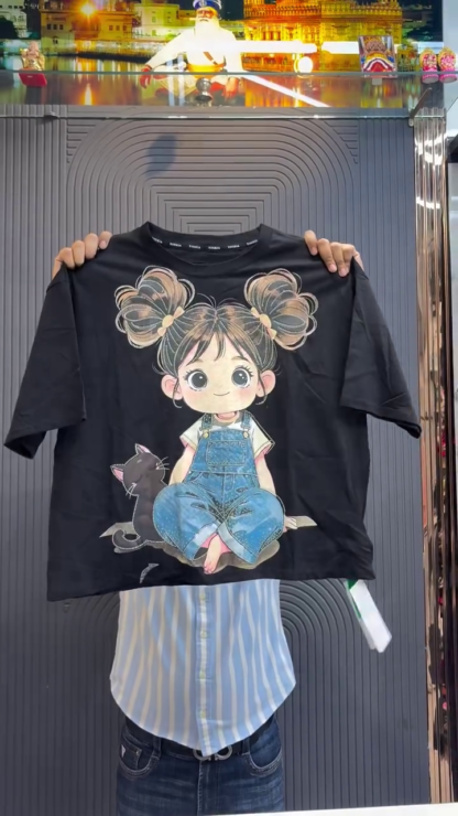 Oversized Cotton Tee with Cartoon Girl and Cat, Assorted Colours