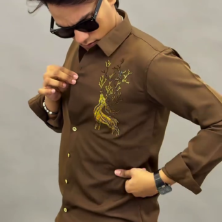 Brown Designer Shirt for Men, Gold Thread Work